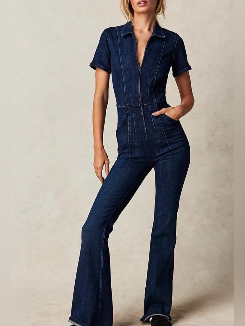 We The Free Dark  Indigo Denim Jumpsuit Ptp 20 with stretch inseam 32